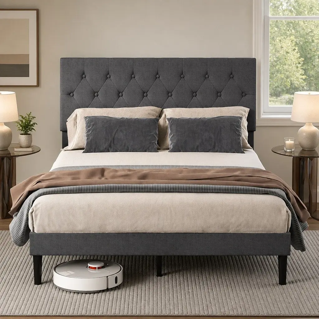 Upholstered Bed Frame Wooden Slat Storage Double Size Dark Grey