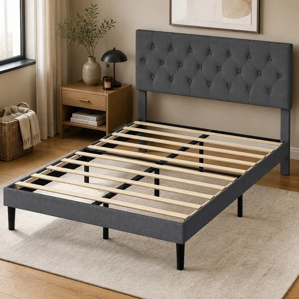 Upholstered Bed Frame Wooden Slat Storage Double Size Dark Grey