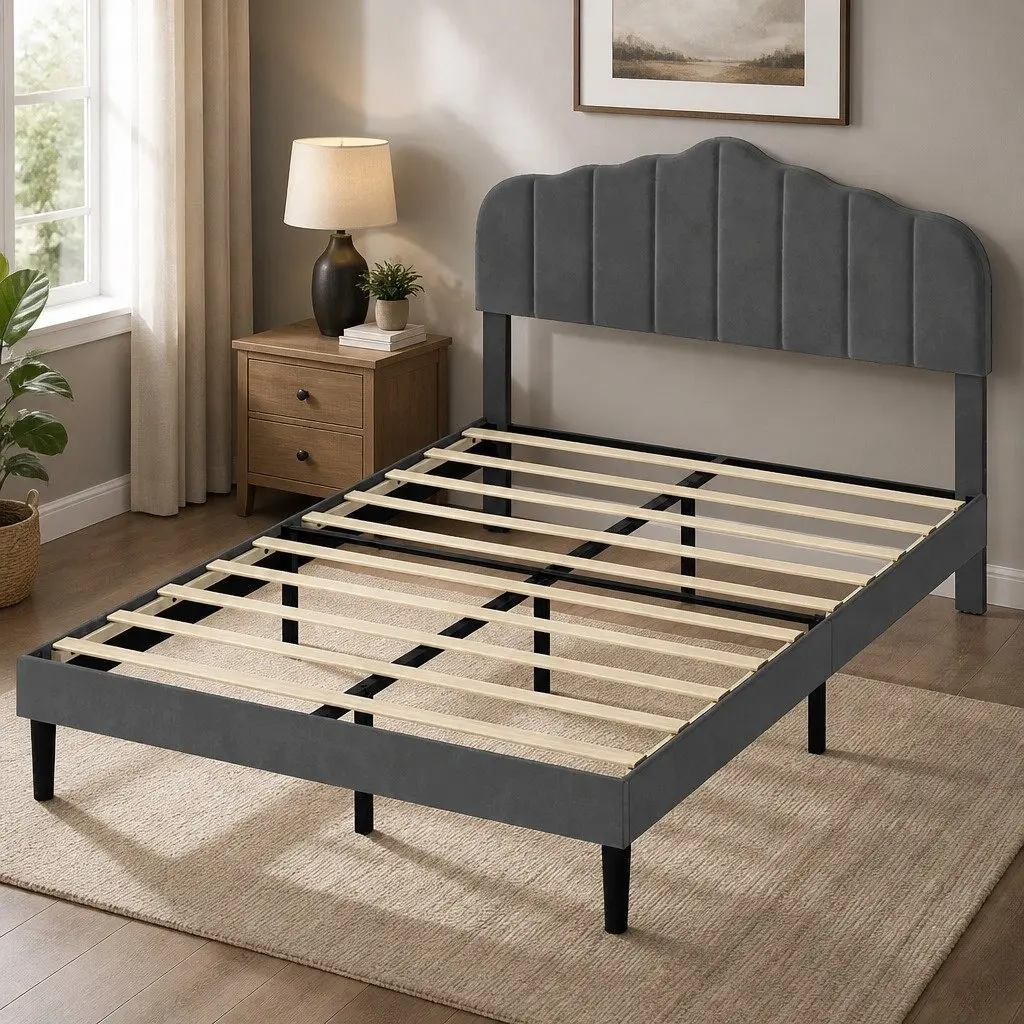 Double Upholstered Platform Bed Frame with Storage