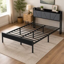 Durable Modern Grey Double Bed Frame with Storage