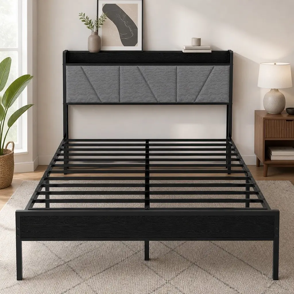 Grey Double Bed Frame with Storage
