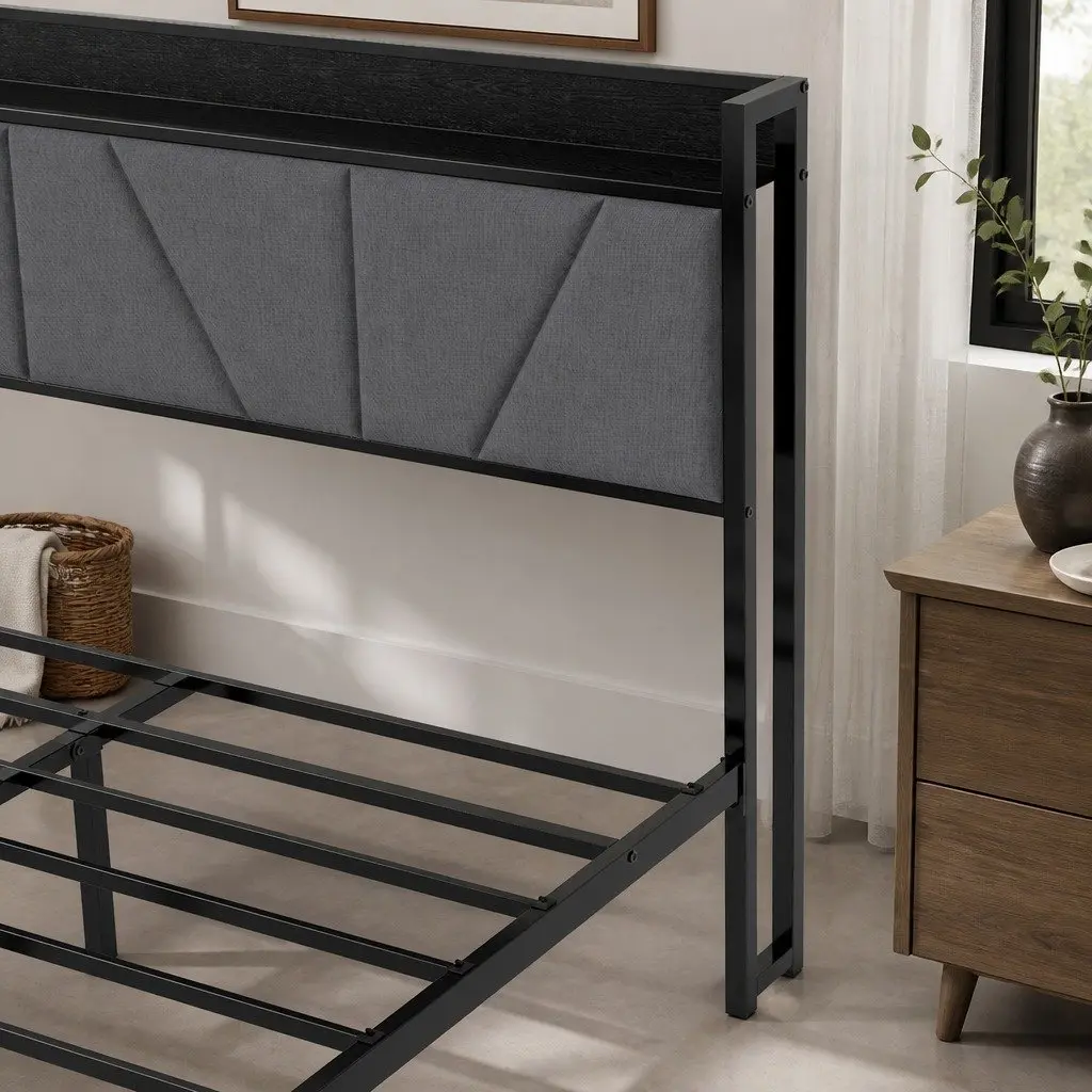 Grey Double Bed Frame with Storage