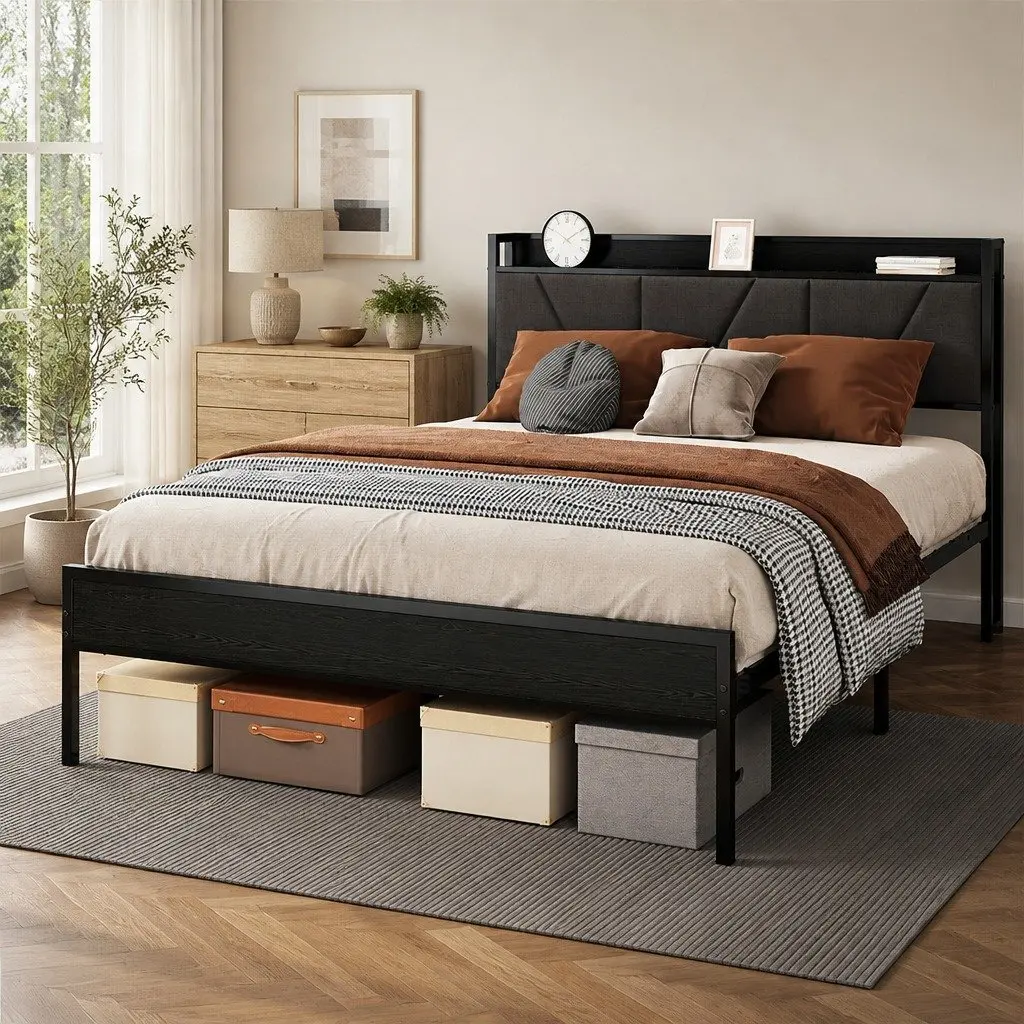 Grey Double Bed Frame with Storage