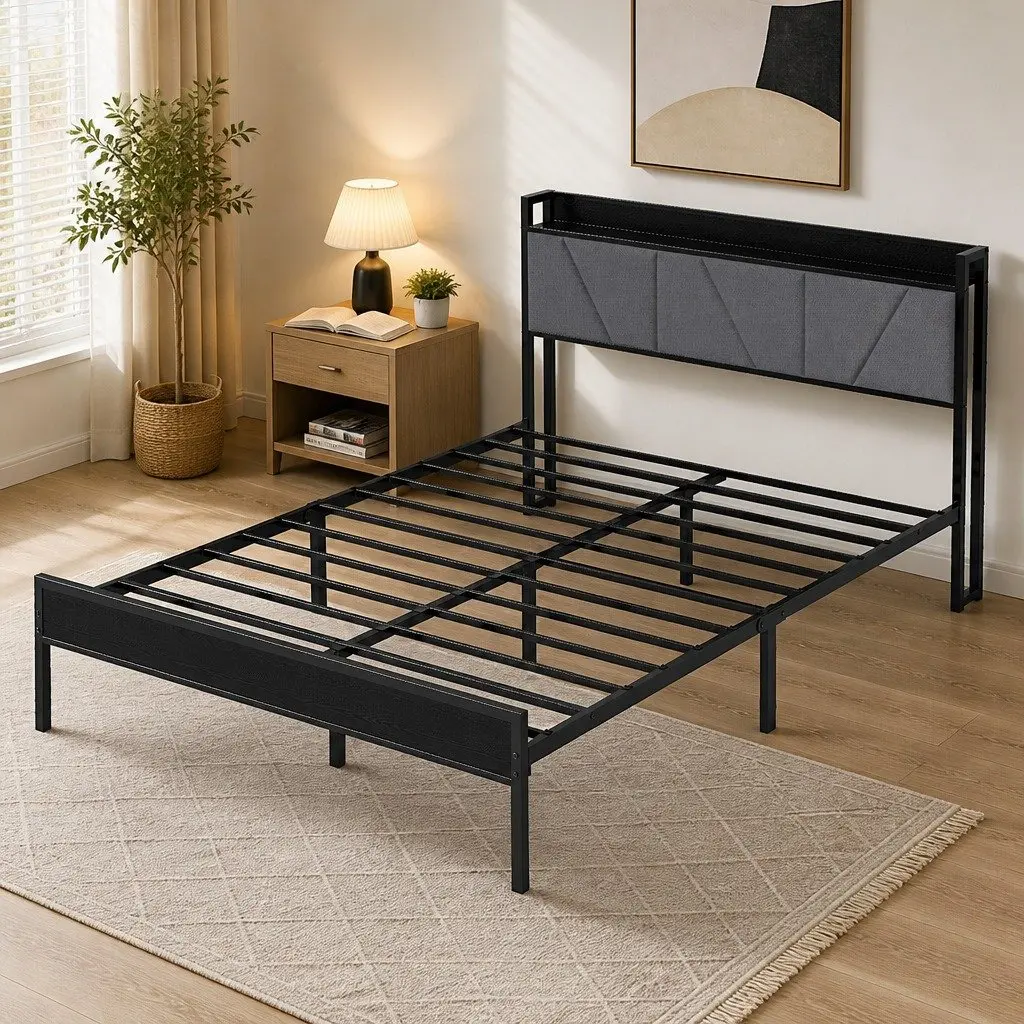 Grey Upholstered Queen Bed Frame with Steel Base