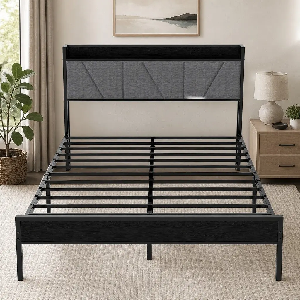 Grey Upholstered Queen Bed Frame with Steel Base