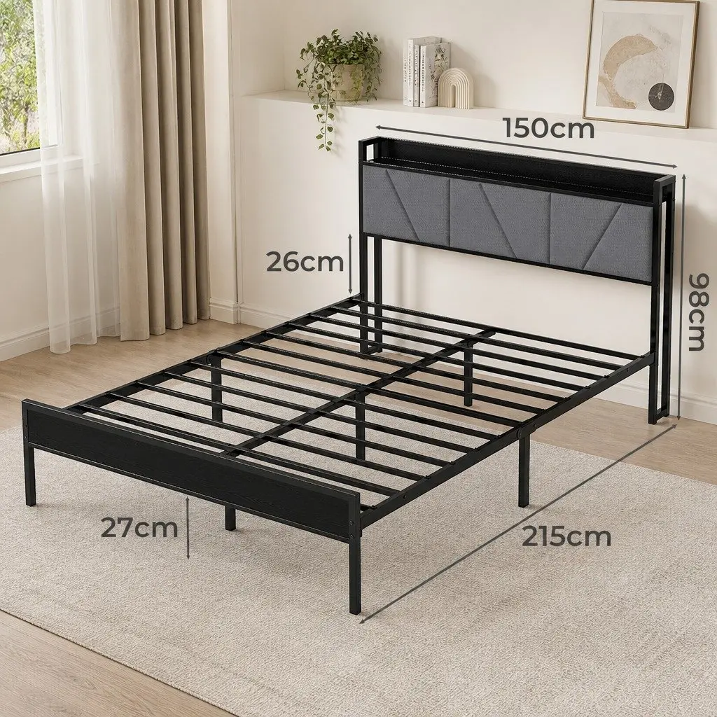 Grey Upholstered Queen Bed Frame with Steel Base