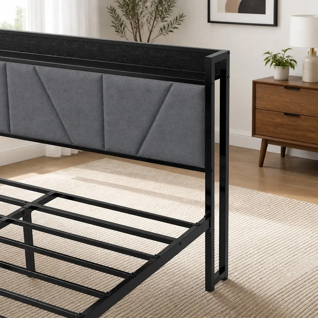 Grey Upholstered Queen Bed Frame with Steel Base