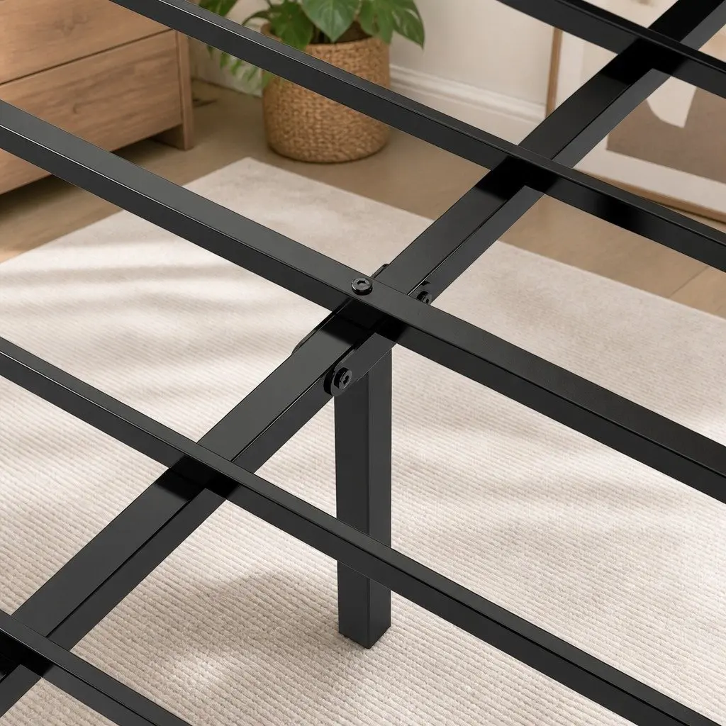 Grey Upholstered Queen Bed Frame with Steel Base