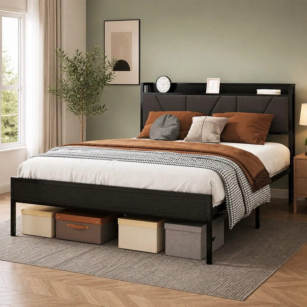Grey Upholstered Queen Bed Frame with Steel Base