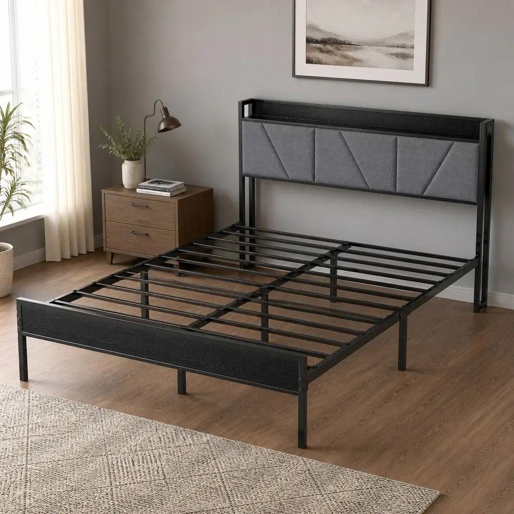Grey Upholstered Queen Bed Frame with Steel Base