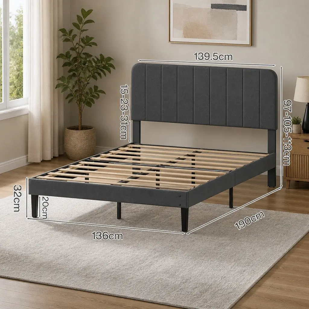 Dark Grey Double Bed Frame with Adjustable Headboard
