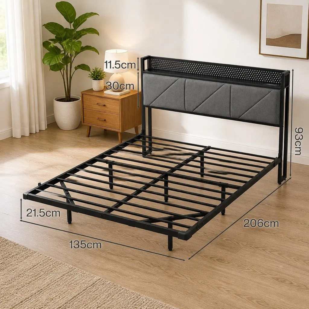 Floating Bed Frame with LED and USB Ports