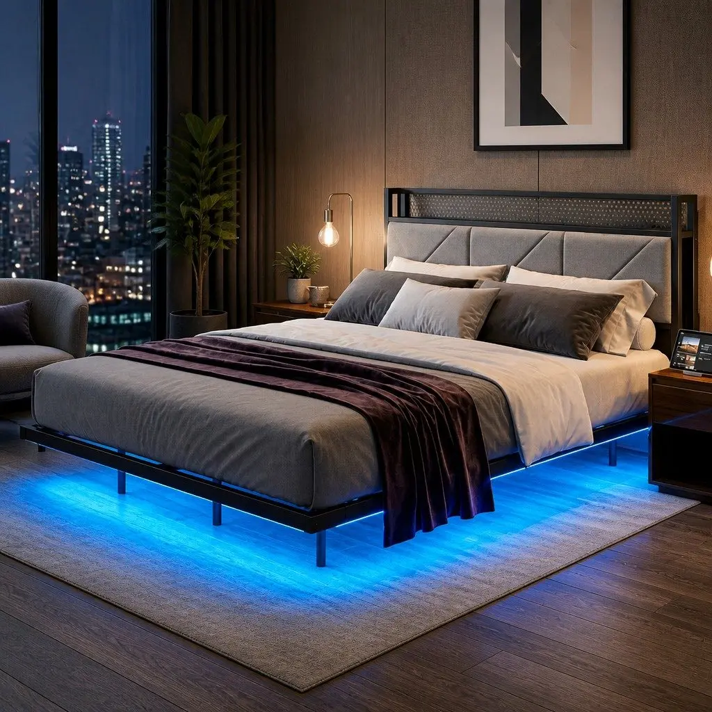 Floating Bed Frame with LED and USB Ports