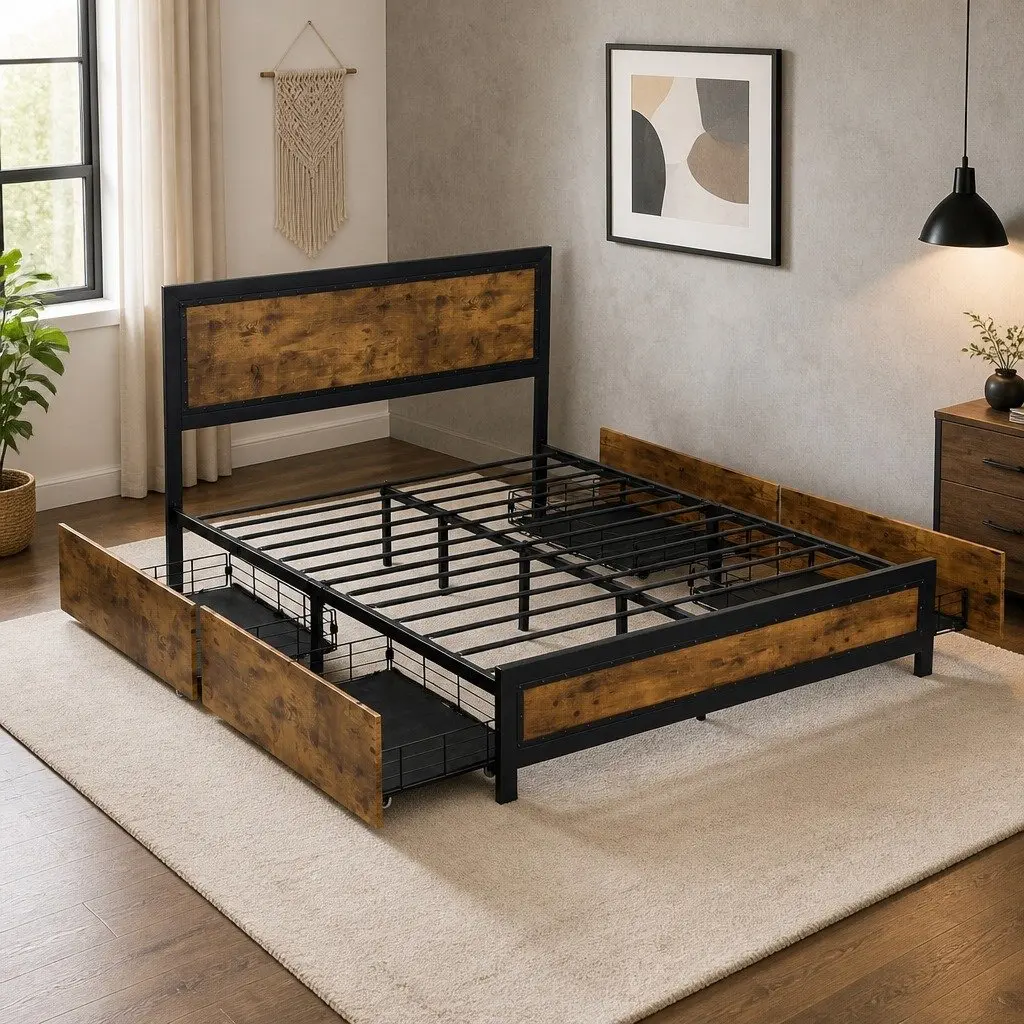 Industrial Double Metal Bed Frame with 4 Storage Drawers