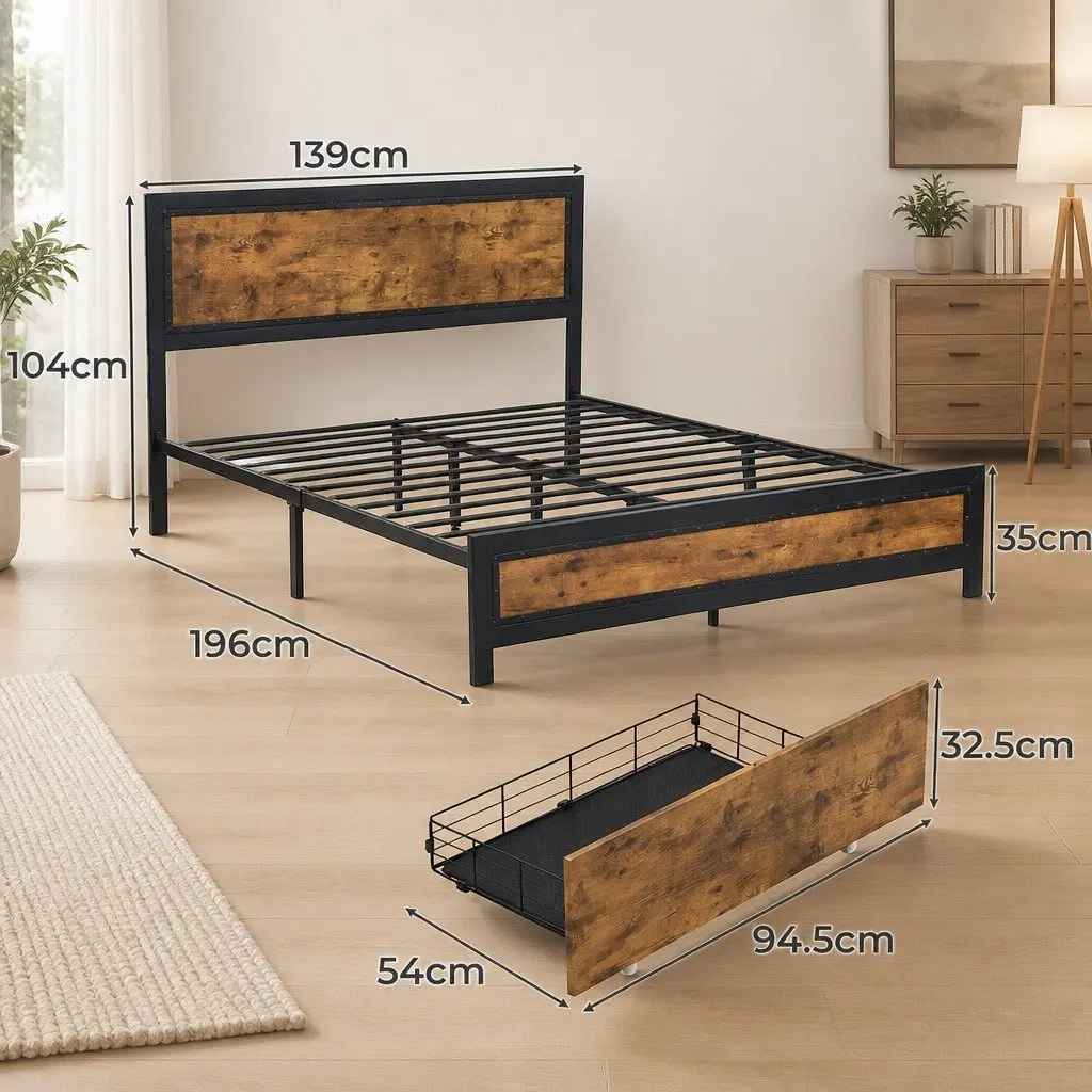 Industrial Double Metal Bed Frame with 4 Storage Drawers