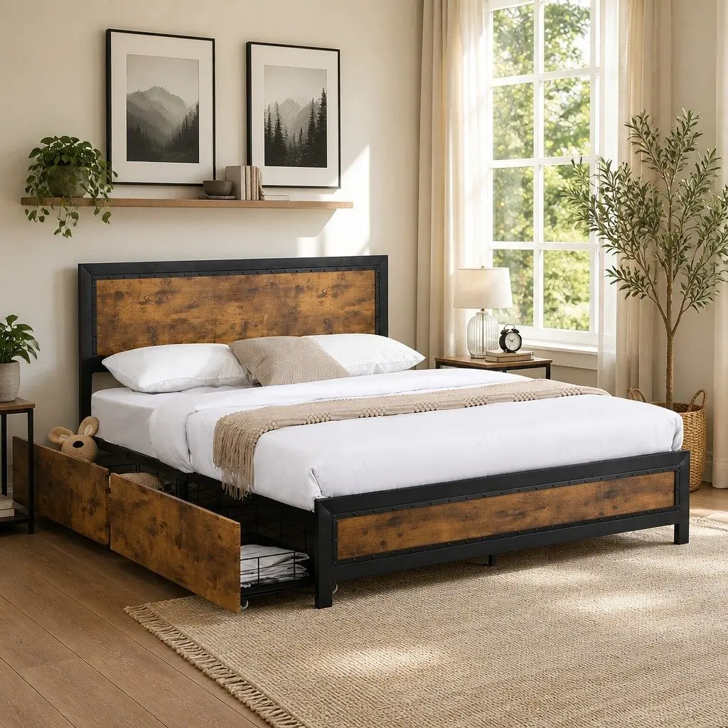 Industrial Double Metal Bed Frame with 4 Storage Drawers