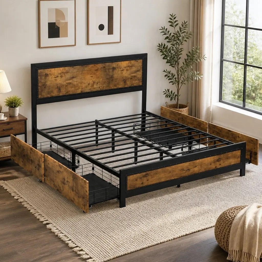 Queen-Size Metal Bed Frame with Storage Drawers