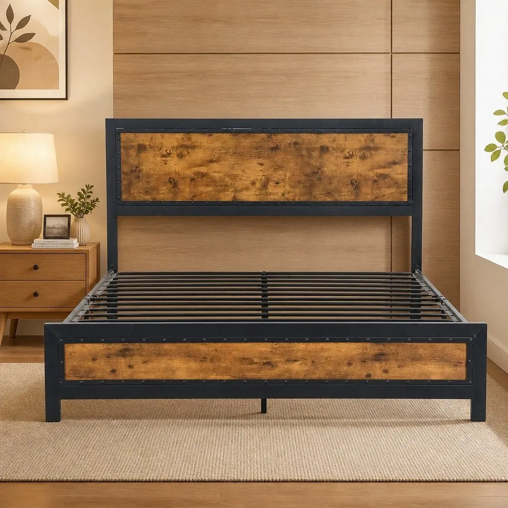 Queen-Size Metal Bed Frame with Storage Drawers