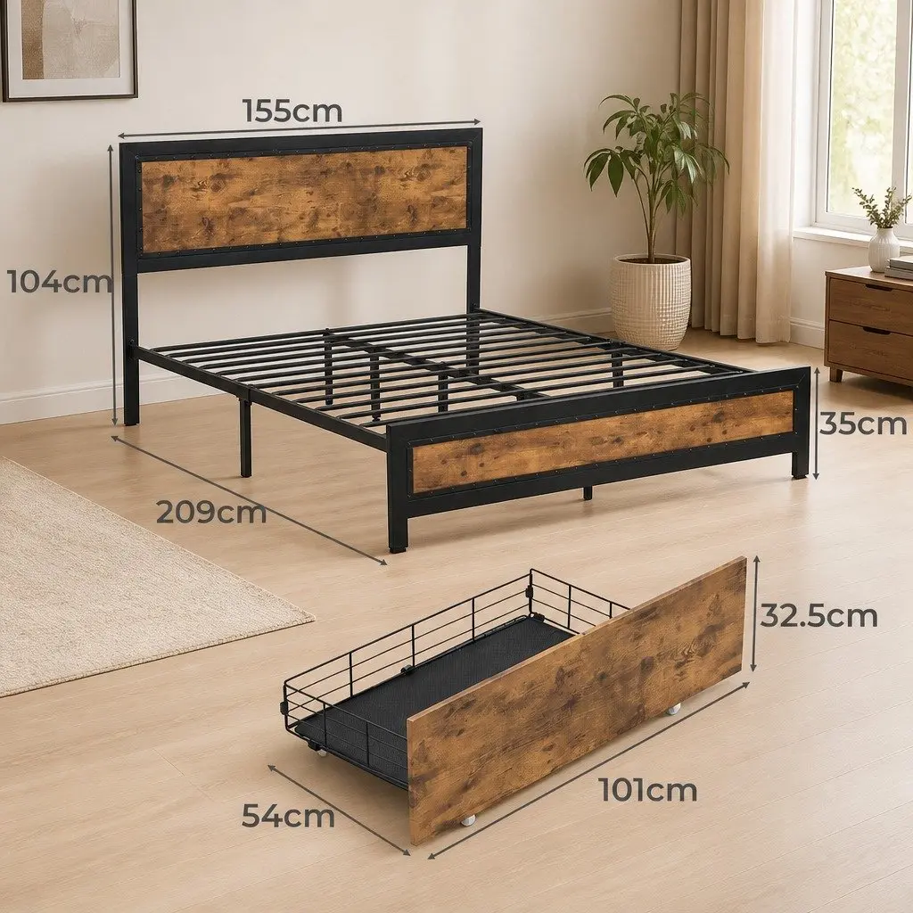 Queen-Size Metal Bed Frame with Storage Drawers
