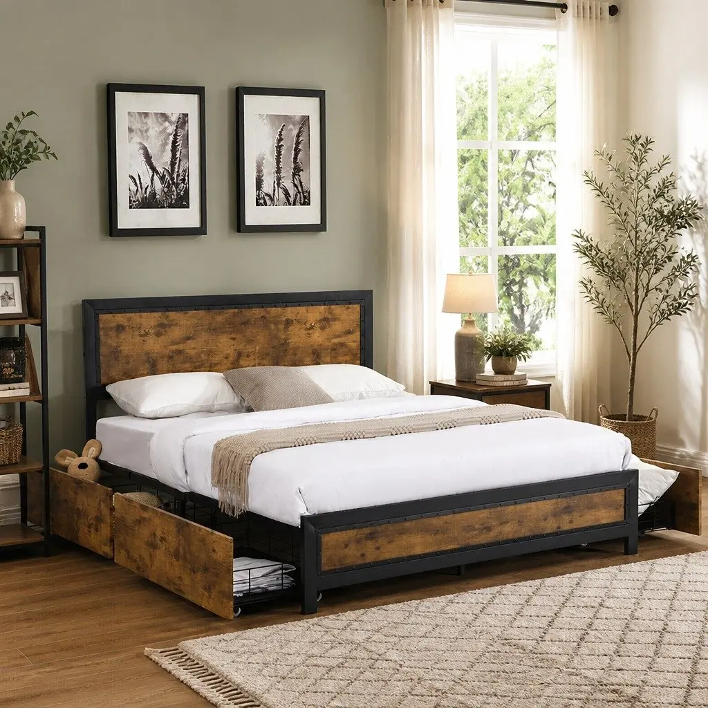 Queen-Size Metal Bed Frame with Storage Drawers