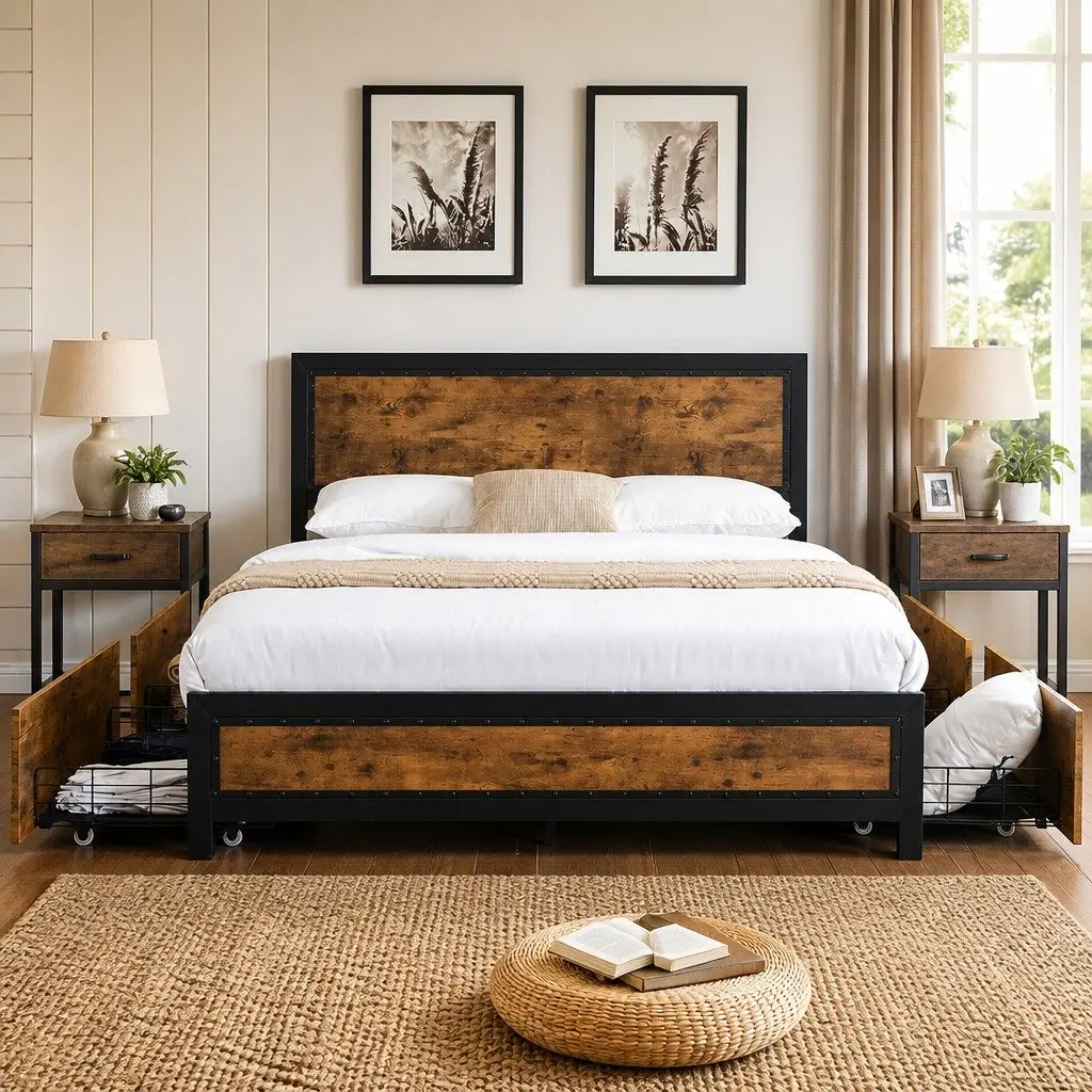 Queen-Size Metal Bed Frame with Storage Drawers