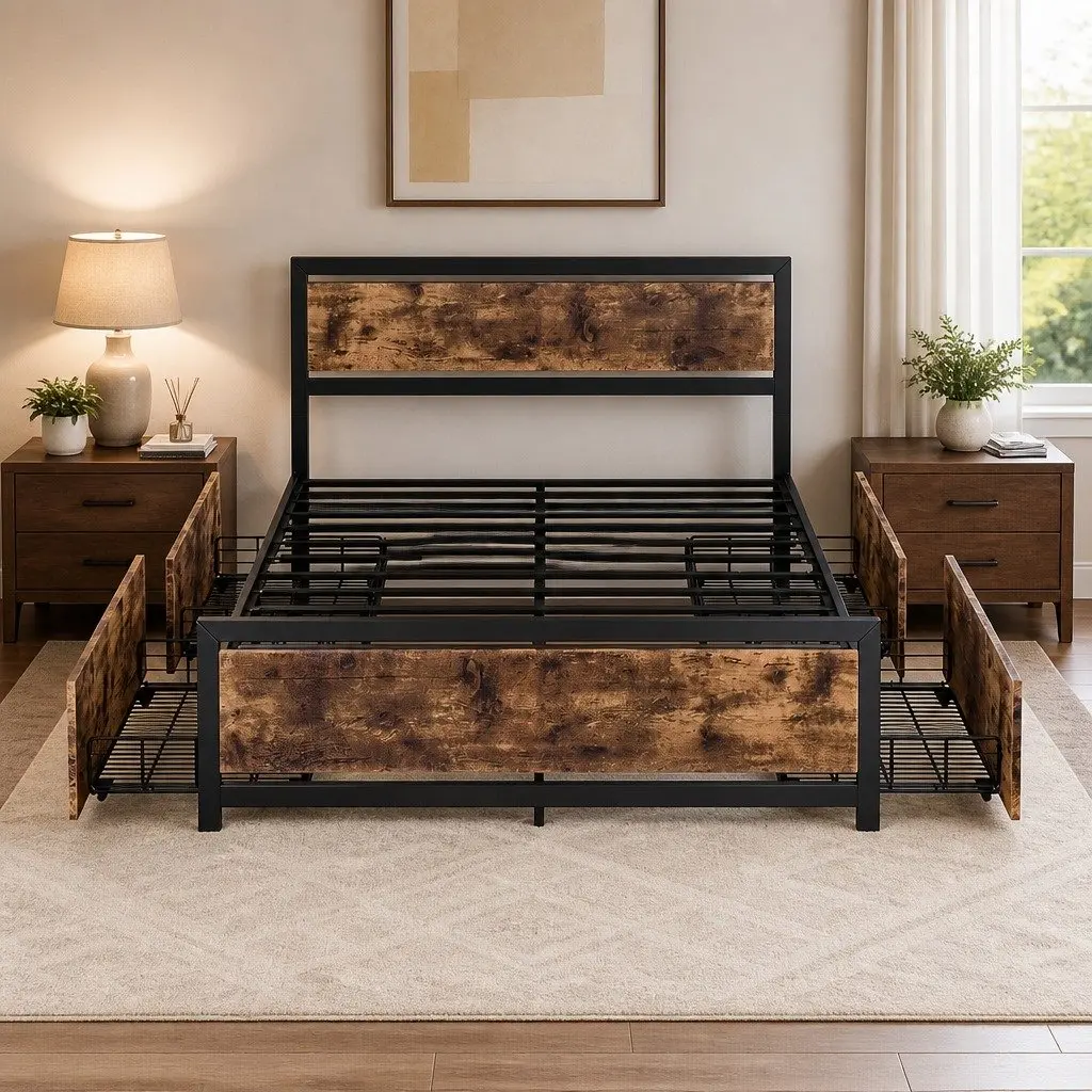 Industrial Double Bed Frame with 4 Storage Drawers