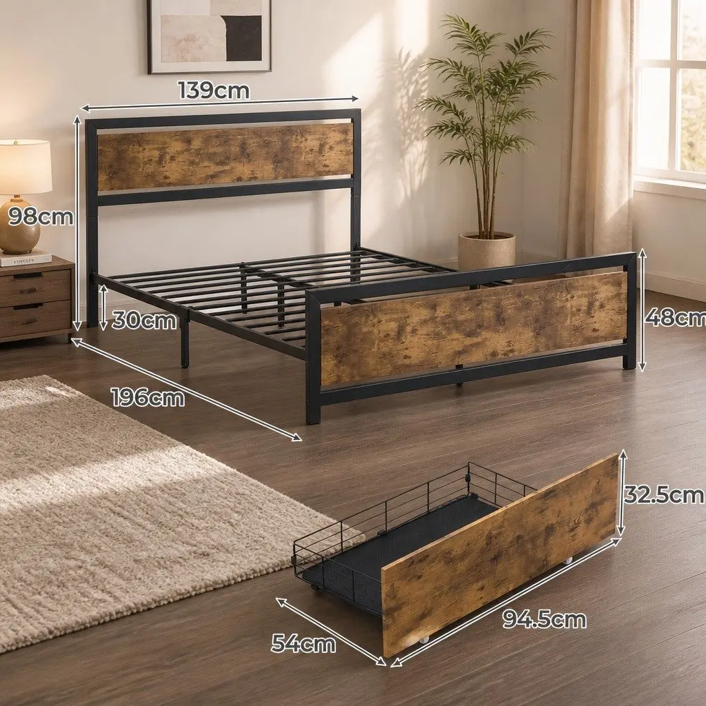 Industrial Double Bed Frame with 4 Storage Drawers