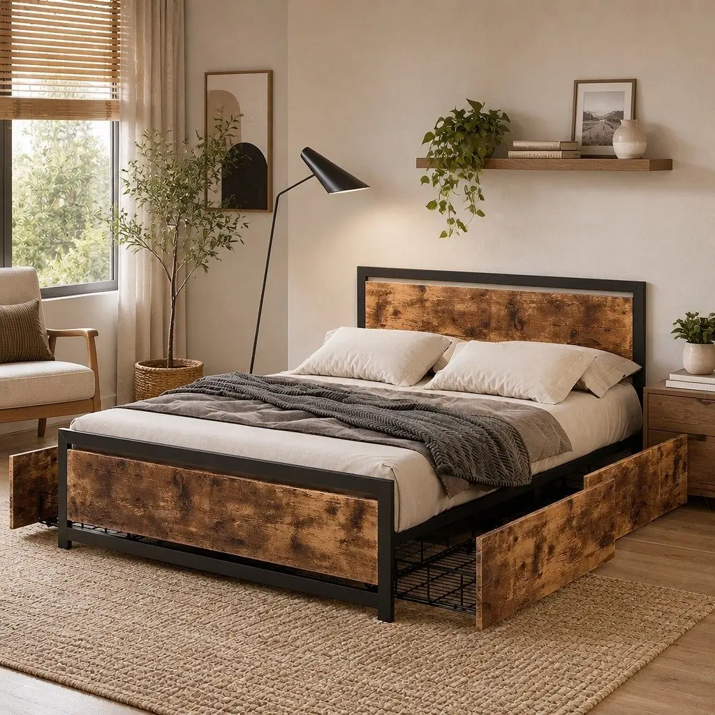 Industrial Double Bed Frame with 4 Storage Drawers