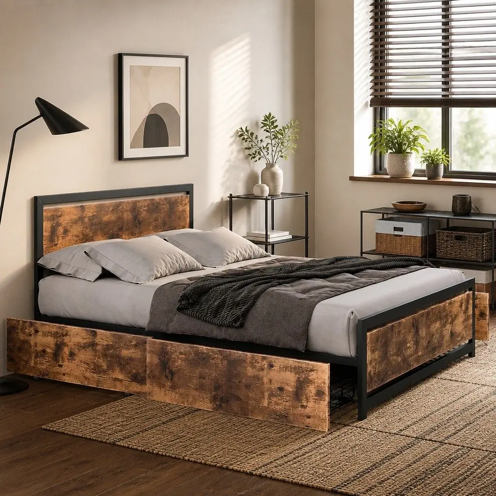 Industrial Double Bed Frame with 4 Storage Drawers