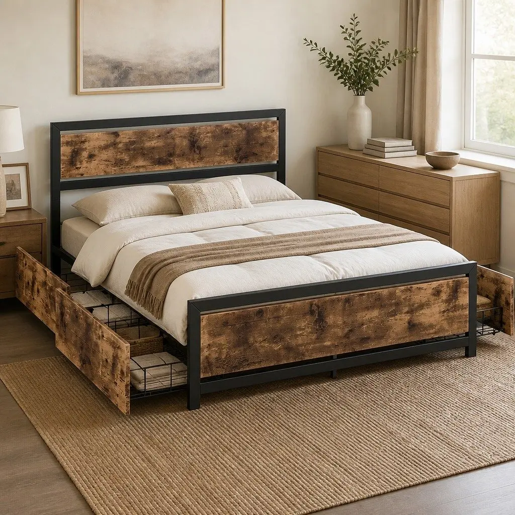 Queen Bed Frame Industrial Design Steel Platform with 4 Under-Bed Storage
