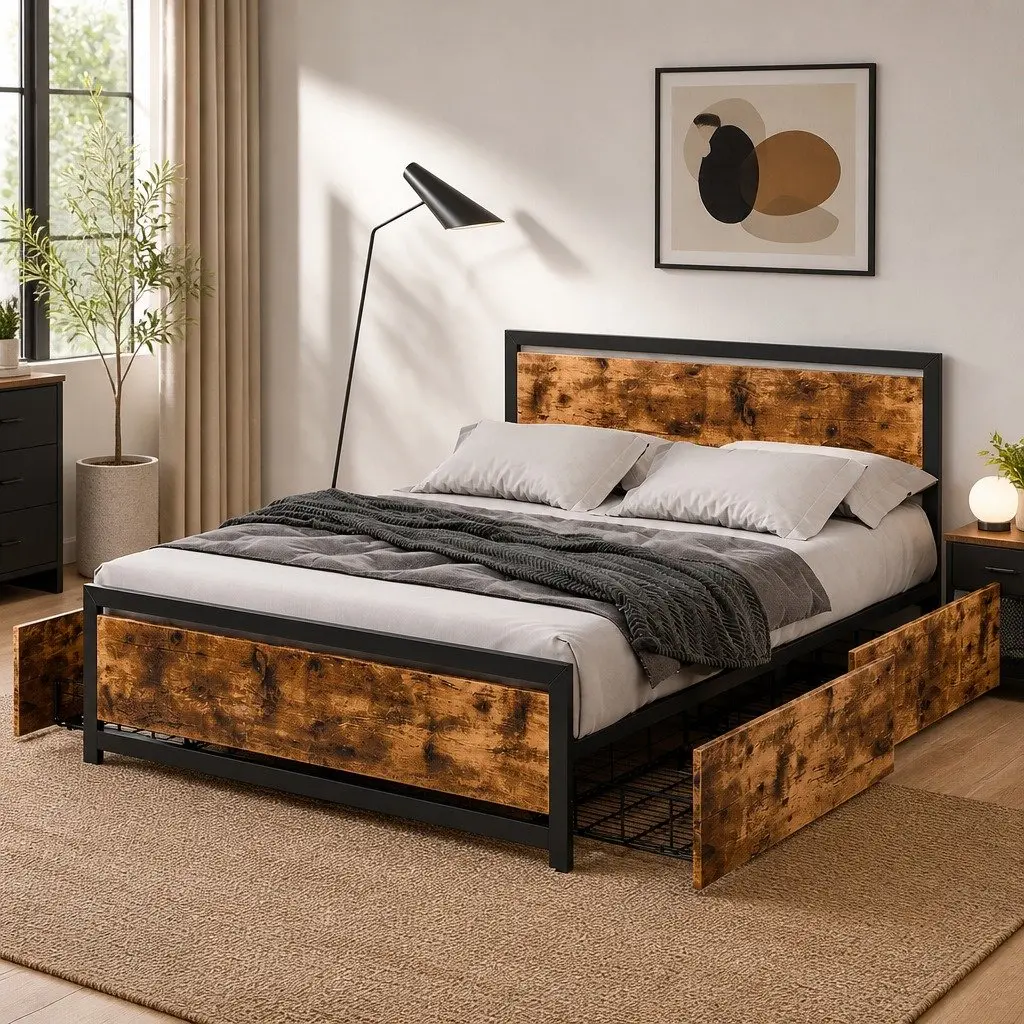 Queen Bed Frame Industrial Design Steel Platform with 4 Under-Bed Storage