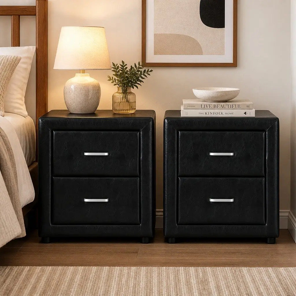 Black PVC Leather Bedside Table with 2 Drawers