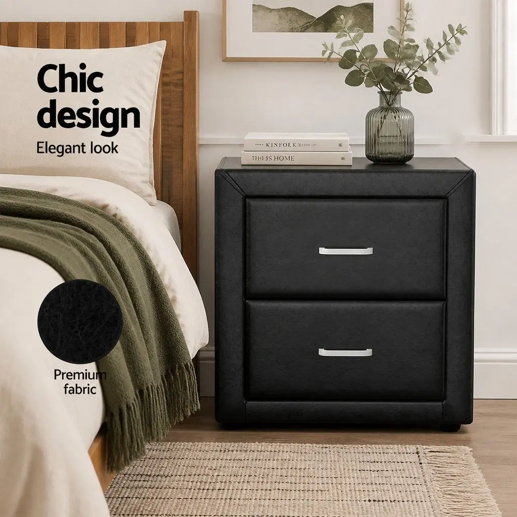 Black PVC Leather Bedside Table with 2 Drawers