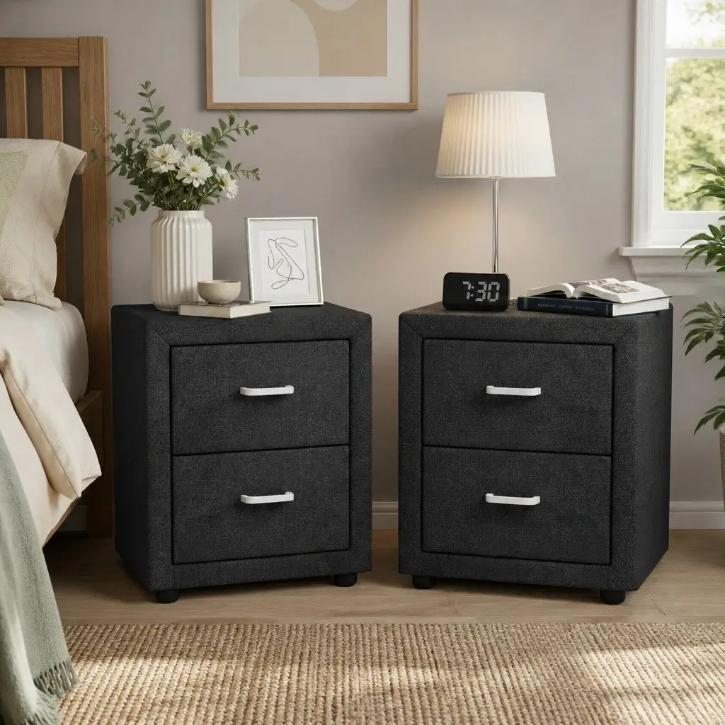 Charcoal Faux Linen Bedside Table with 2 Drawers