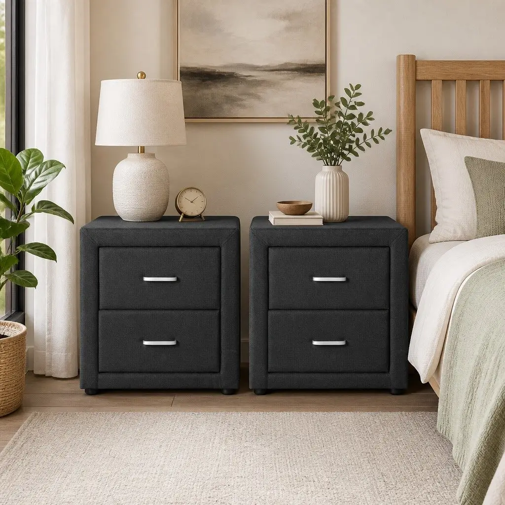 Bedside Table Faux Linen Charcoal 46cm W x 40cm D x 50cm H Modern Bedroom Storage 2 Drawers