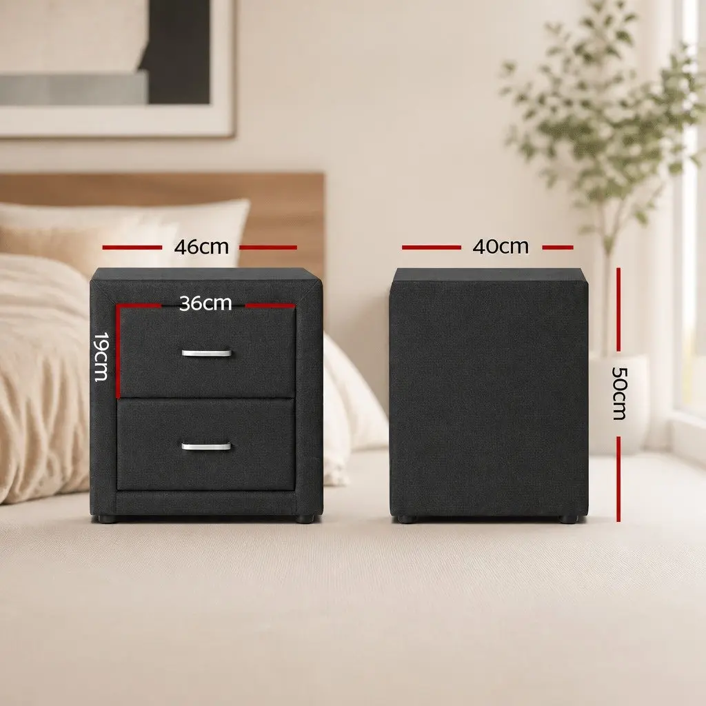 Bedside Table Faux Linen Charcoal 46cm W x 40cm D x 50cm H Modern Bedroom Storage 2 Drawers