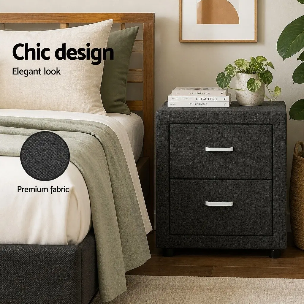 Bedside Table Faux Linen Charcoal 46cm W x 40cm D x 50cm H Modern Bedroom Storage 2 Drawers