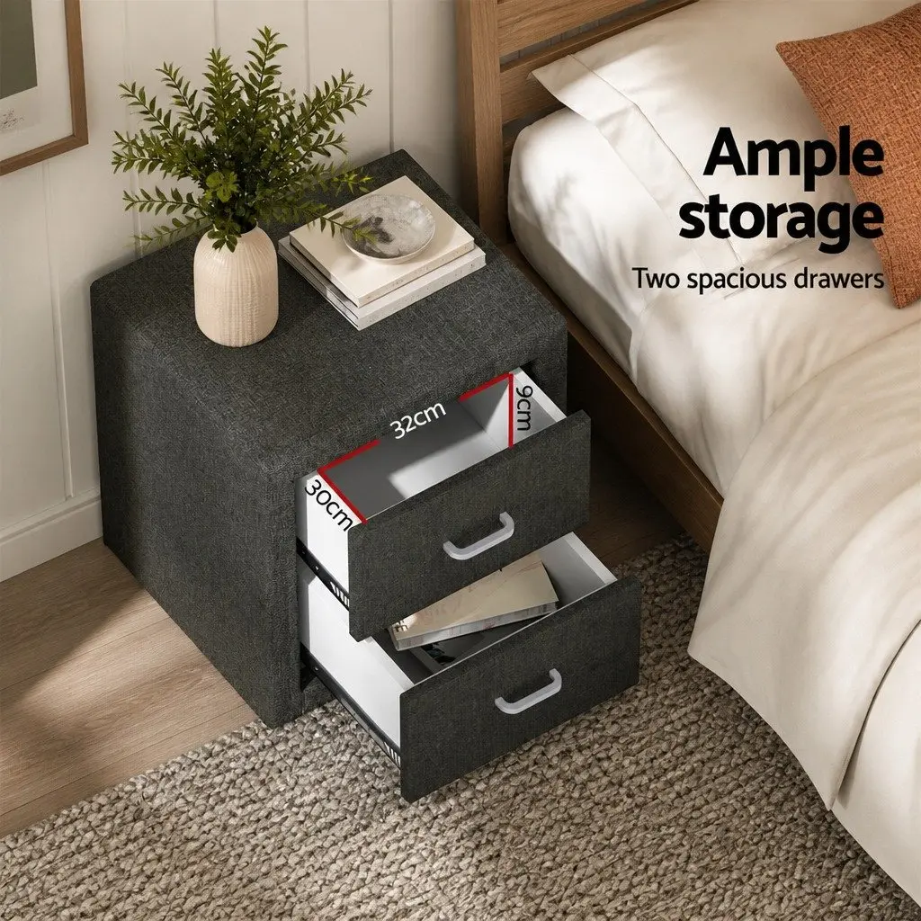 Bedside Table Faux Linen Charcoal 46cm W x 40cm D x 50cm H Modern Bedroom Storage 2 Drawers