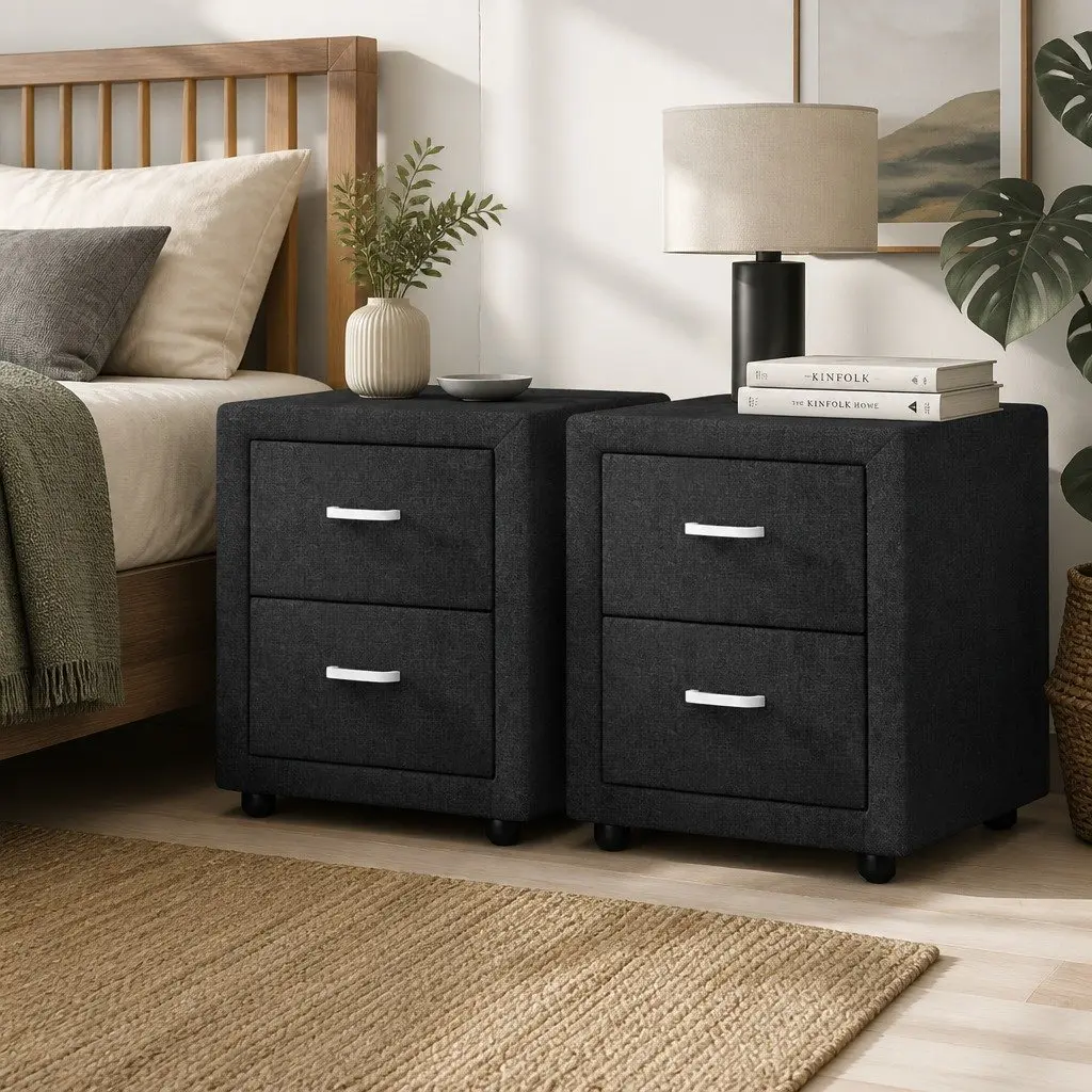 Bedside Table Faux Linen Charcoal 46cm W x 40cm D x 50cm H Modern Bedroom Storage 2 Drawers