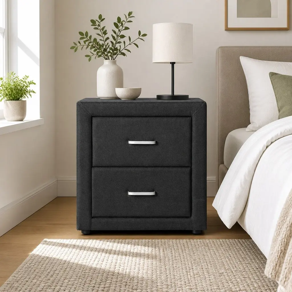 Charcoal Fabric Bedside Table with Two Drawers