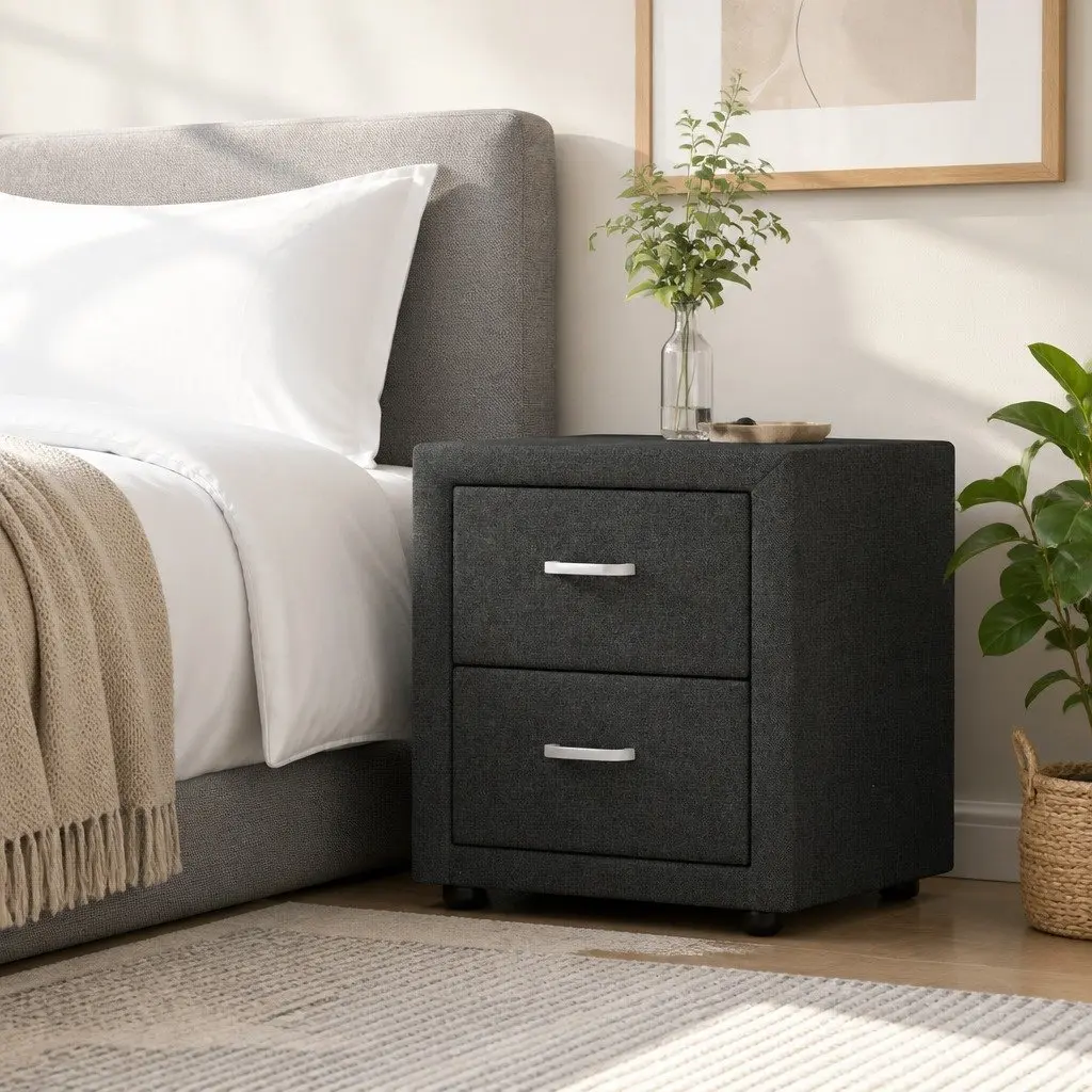 Charcoal Fabric Bedside Table with Two Drawers