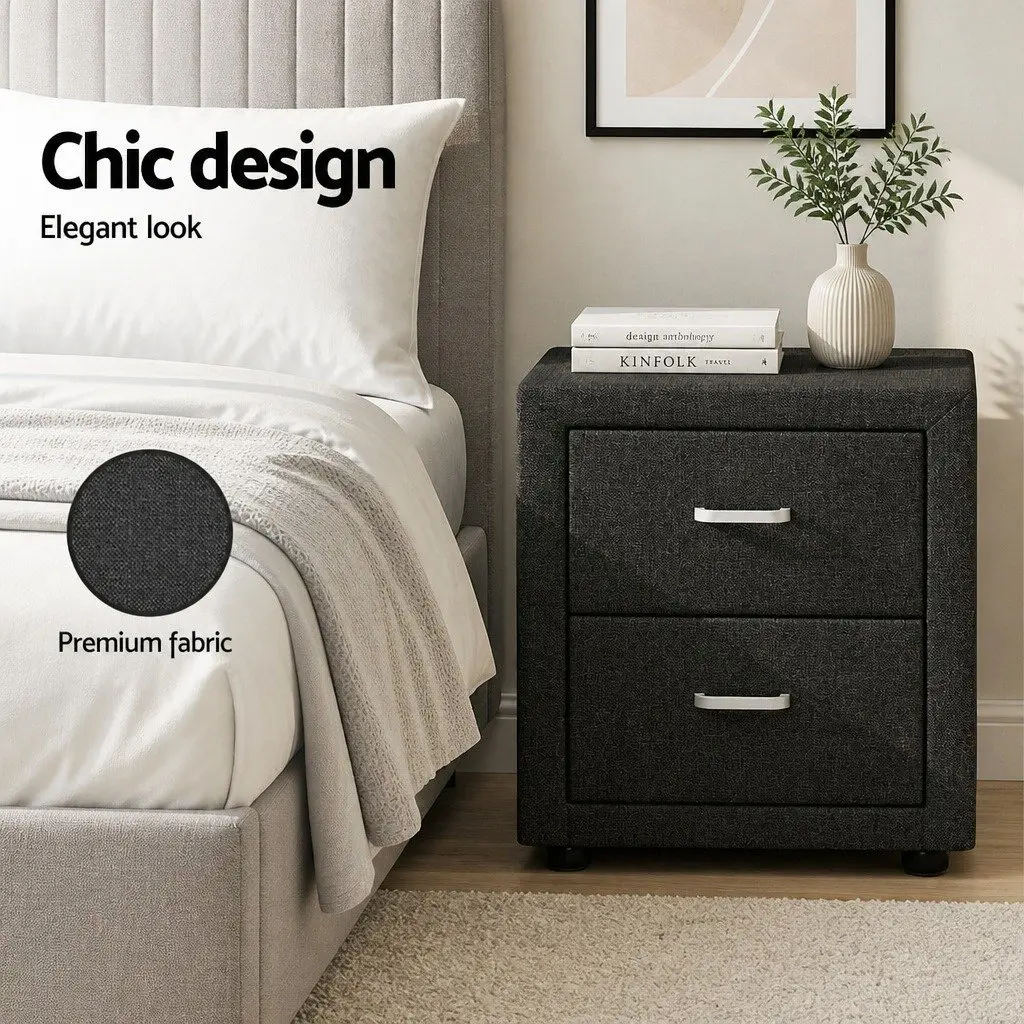 Charcoal Fabric Bedside Table with Two Drawers