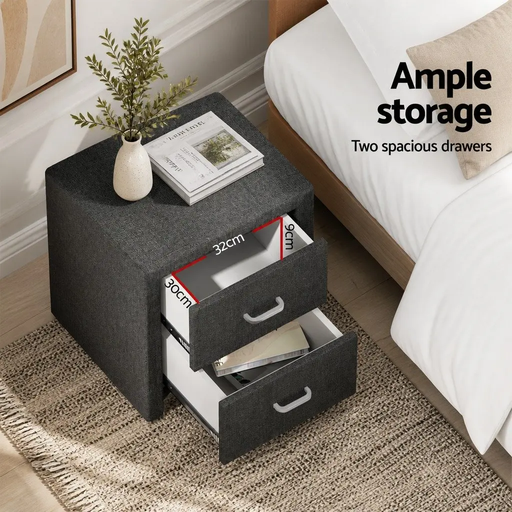 Charcoal Fabric Bedside Table with Two Drawers