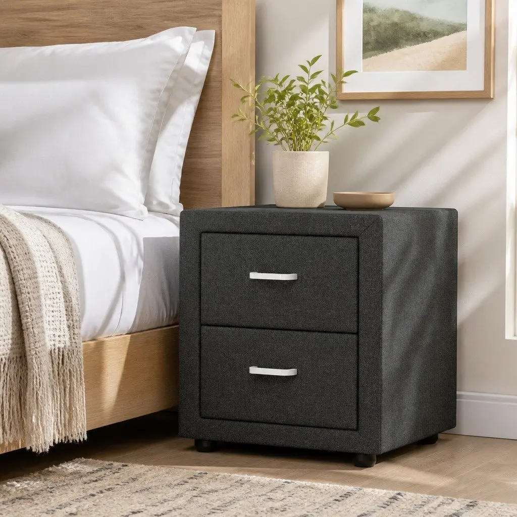 Charcoal Fabric Bedside Table with Two Drawers