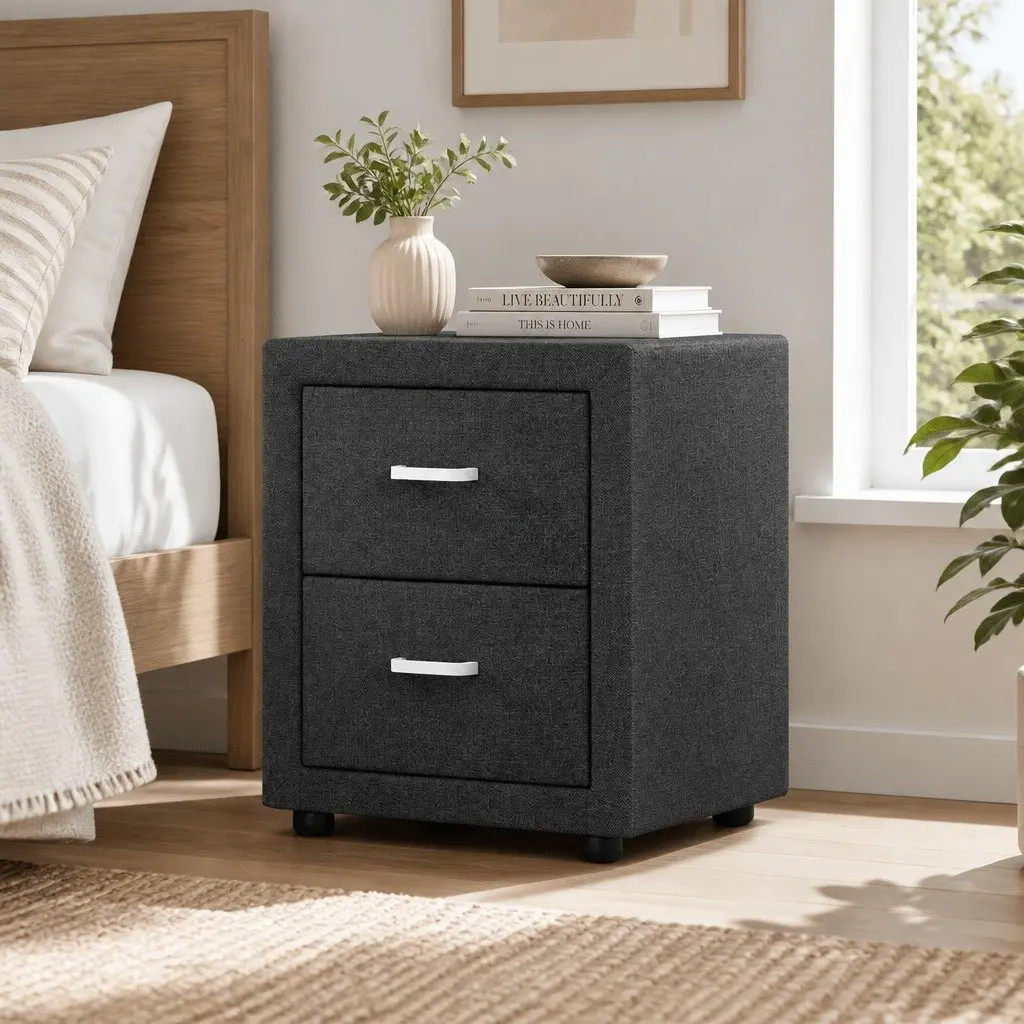 Charcoal Fabric Bedside Table with Two Drawers
