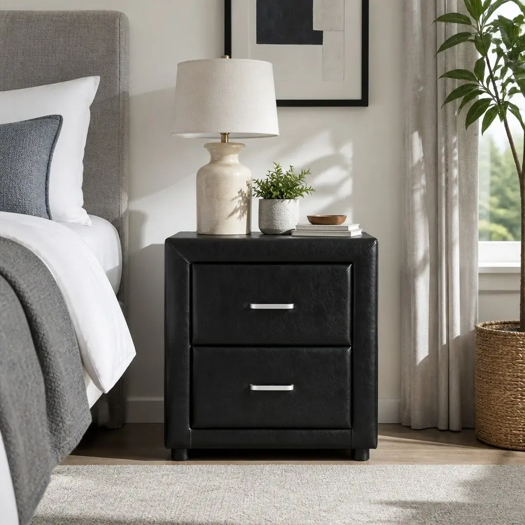 Black Modern Bedside Table with 2 Drawers