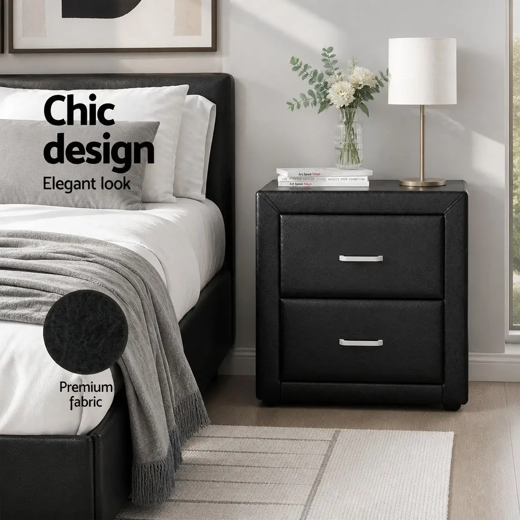 Black Modern Bedside Table with 2 Drawers