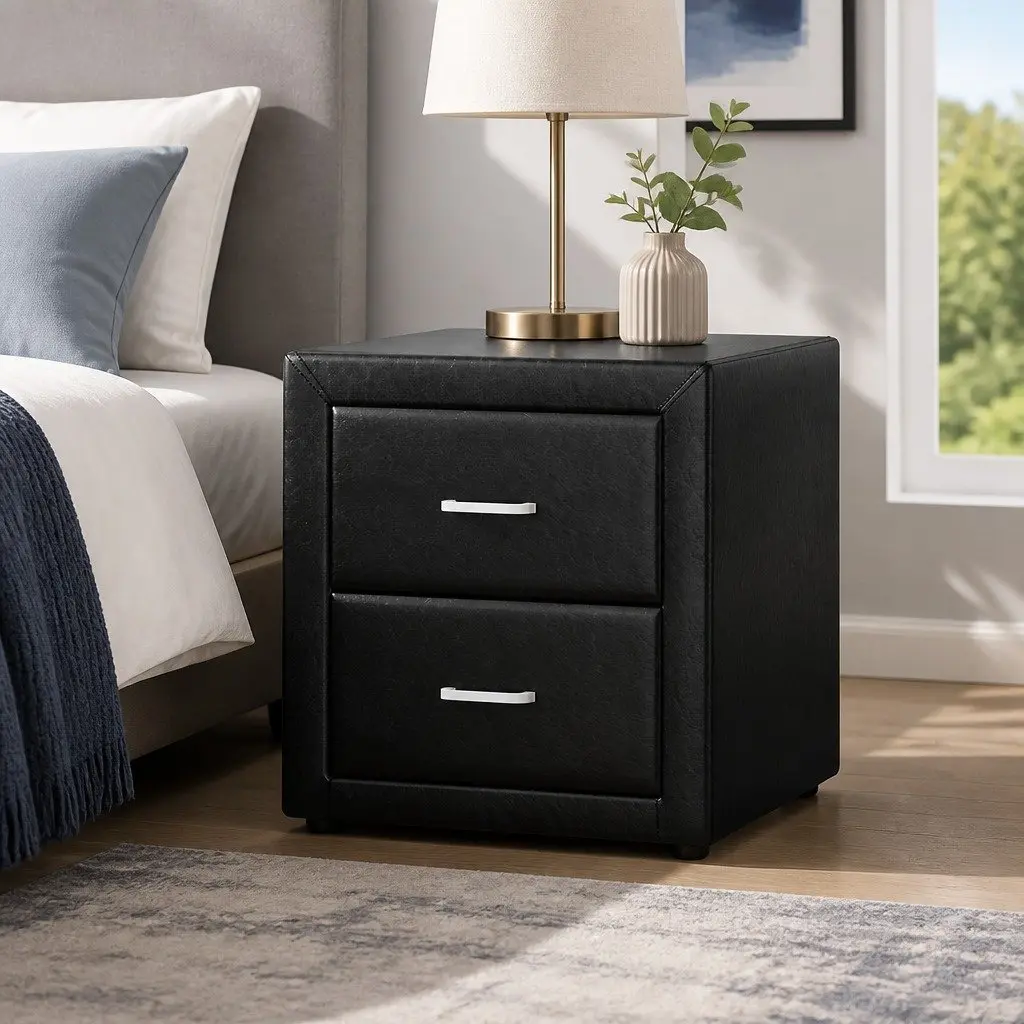Black Modern Bedside Table with 2 Drawers