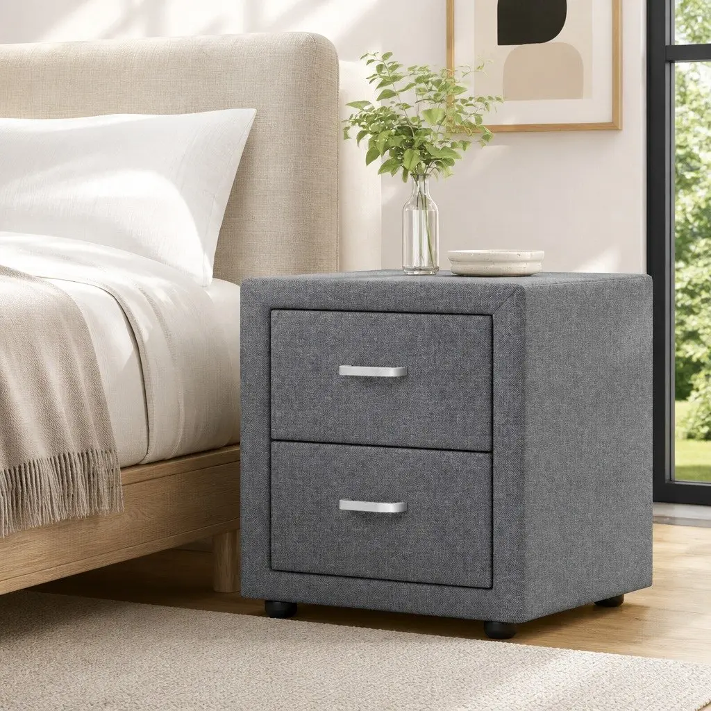 Grey Linen Fabric Bedside Table with 2 Drawers