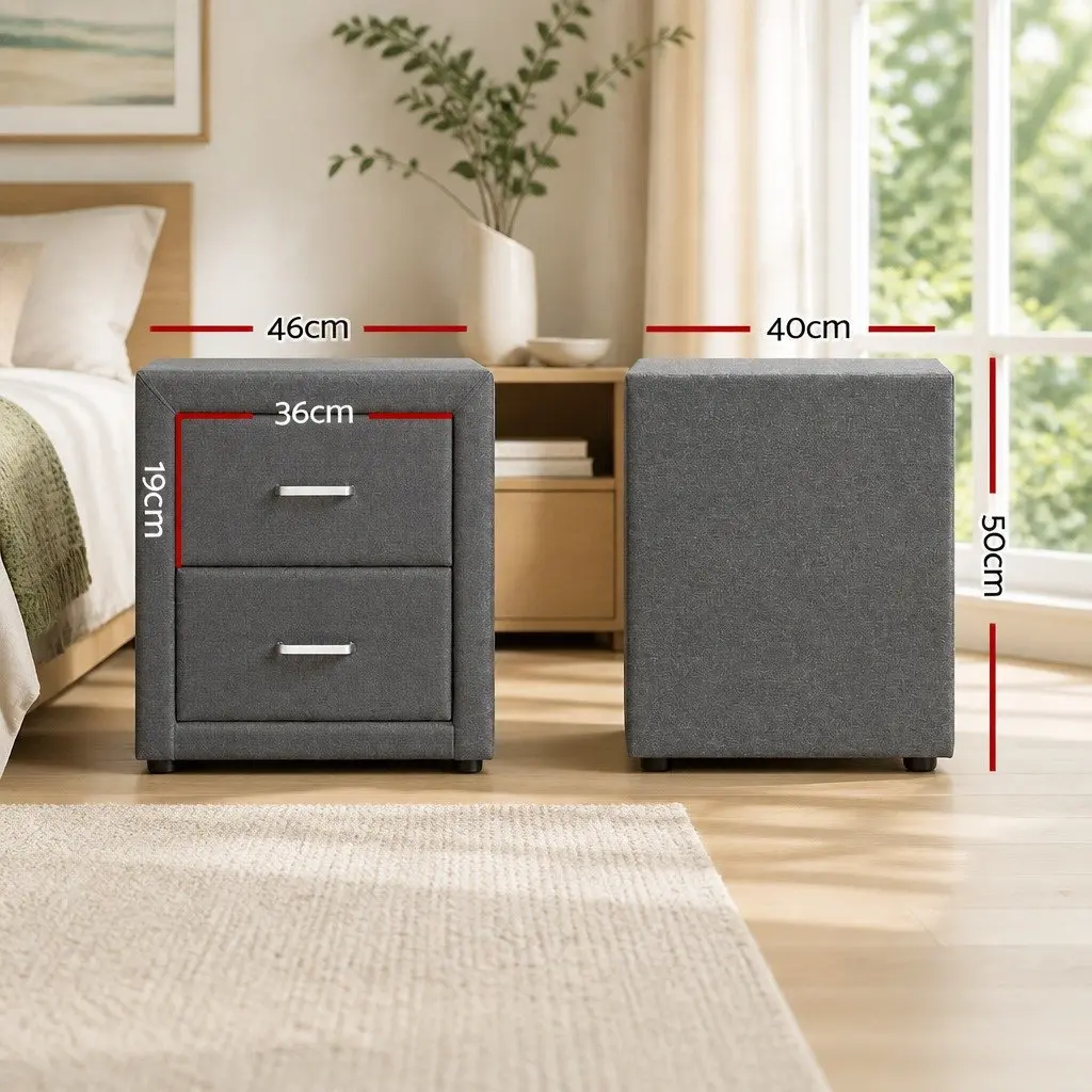 Grey Linen Fabric Bedside Table with 2 Drawers